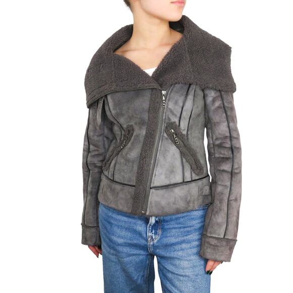 Y2k Guess Gray Suede Moto Jacket Winter Coat Faux Fur Lining Shearling Jacket XS - Picture 1 of 7